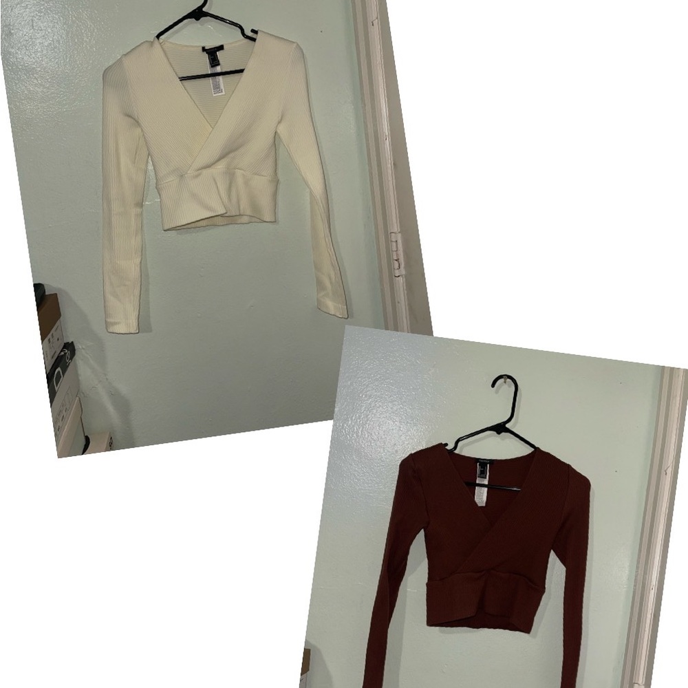 2 brand new forever 21 cropped sweater shirts (brown and cream) size small